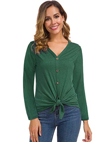 Womens Long Sleeve Cotton Blouse Tie Knot Henley Tops Loose Fitting Plain Shirts Green S