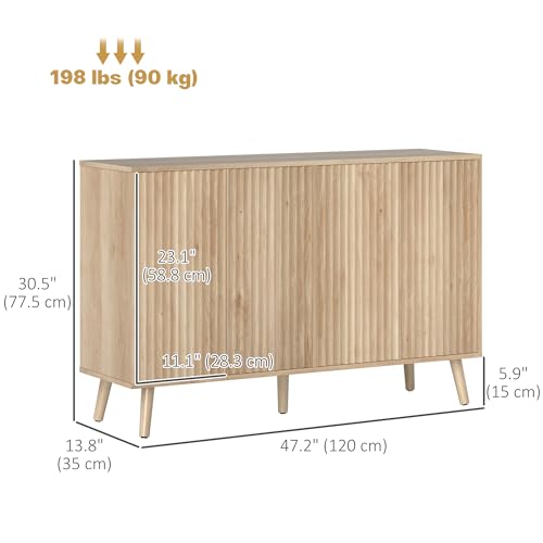 HOMCOM 47" Sideboard Buffet Cabinet with Storage, Modern Fluted Coffee Bar Cabinet with Adjustable Shelves and Wood Legs, Kitchen Credenza, Oak
