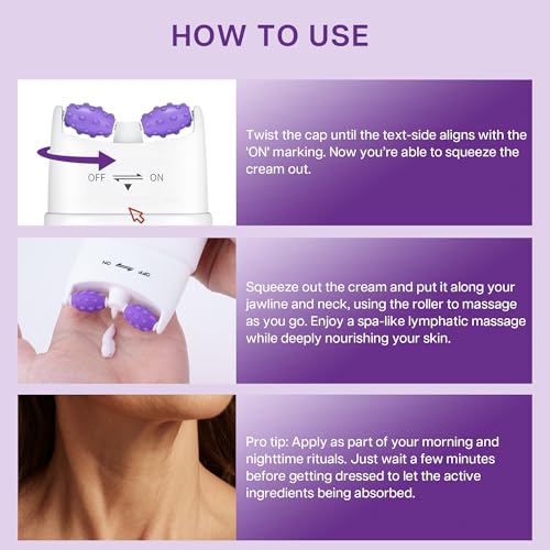 VRAIKO SADOER Gua Sha Neck Cream, Firming Cream for Neck & Jawline Lifting with Double Massage Rollers, Décolleté Moisturizer for Fine Lines, Elasticity and Hydration, 3.8 oz