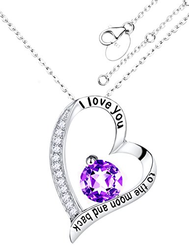 Mother's Day Gifts Elda&Co Fine Sterling Silver and Amethyst I love You to The Moon & Back Engraved Heart Pendant Necklace - Anniversary Gifts Jewelry for women 18"+2" Chain 1125