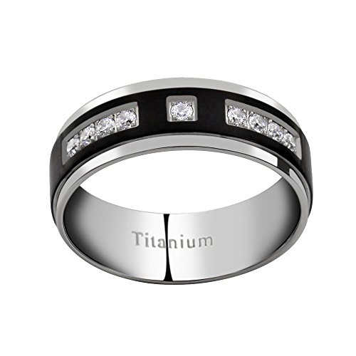 8mm men s titanium ring wedding band black plated black cubic zir…