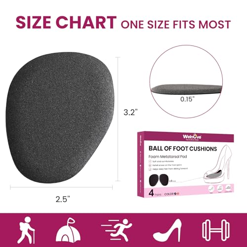 Metatarsal Pad - Non Slip Cushions for High Heels, Sandals and Weddings - Metatarsalgia Insoles for Pain Relief and Prevent Slipping (Black, 4 Pairs)