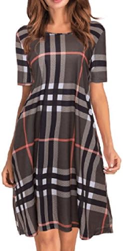 Laucote Ladies Sexy Flowy Blouse Lattice Print Short Sleeve Mini Dress With Pocket ,Black,Medium