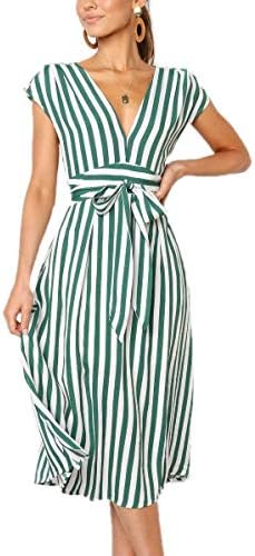Aromelle Womens Summer Dresses Boho Striped Button V Neck Sleeveless Bow Tie Waist A Line Midi Skater Dress