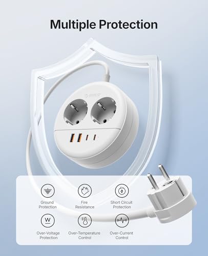 ORICO Regleta Enchufes USB C Redonda, Multienchufe 2500W con 2 Tomas CA, 2 USB-A y 2 USB-C 20W, Cable 1,5m, Montaje en Pared con Tornillos (Ahorro de Espacio), para Oficina y Hogar, Blanco OSP