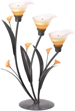 38947 Amber Lilies Tealight Holder, 9.38" X 4.75" X 13.4", Multicolor