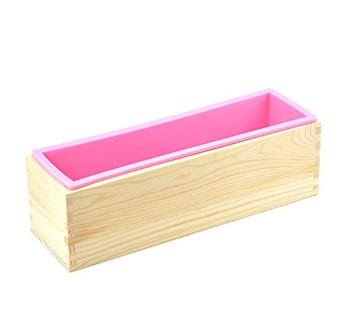 6MILES 1 Pcs Pink Flexible Rectangular Silicone Soap Mold with Pine Wood Box for Homemade Produce 1.2 Kg Art Craft DIY Soap Making Molds Kitchen Tool Set (Large)