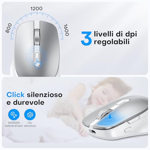 OMOTON Wireless Bluetooth Keyboard and Mouse Kit for Mac, Rechargeable Keyboard and Mouse with 3 Bluetooth Channels for Mac Pro/Mini, MacBook Pro/Air, iMac, iMac Pro, Italian QWERTY Layout, Silver
