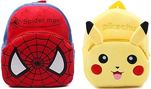DZert Kid's Pikachu and Spider Travelling Soft Plush Backpack (2 to 5 Age) - Pack of 2