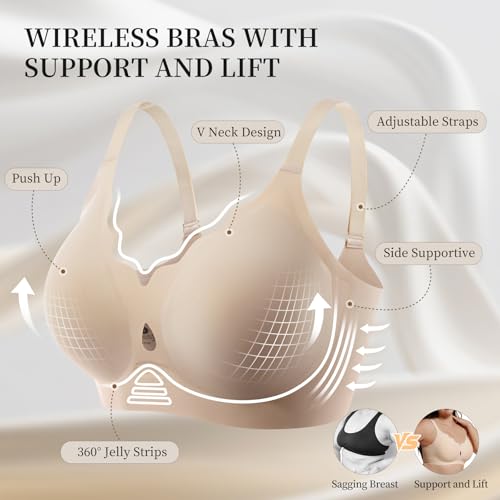 UIMERO Jelly Wireless Bra for Women Wave Push Up Seamless T-Shirt Bras Comfortable Full Coverage Bralettes Lift Everyday Bras