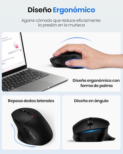 TECKNET Ratón Bluetooth, Raton Inalambrico Recargable(Tri-Mode: BT 5.0/3.0 + 2.4G), Silencioso Raton Ergonómico con 4800 dpi Ajustable para Portátiles, Mac OS, Android, Windows