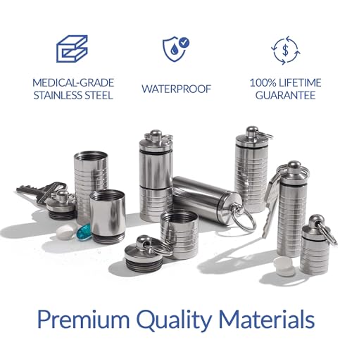 Cielo Pill Holders - Extra-Small Nitroglycerin Keychain Holder, Made in USA Stainless Steel Pill Keychain Container, Waterproof Pill Case, Stores 7 Nitro Pills