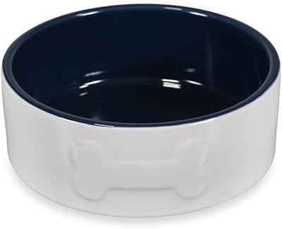 Petface Bone Ceramic Dog Food Bowl Cream Navy 15 cm