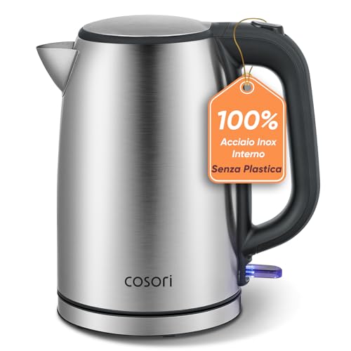 COSORI Stainless Steel Electric Kettle, 1.7 L, 2200 W, Plastic Free on Water Contact, Strix Technology, Boil in 3 Minutes, Wide Opening, 360° Swivel Base, Silver