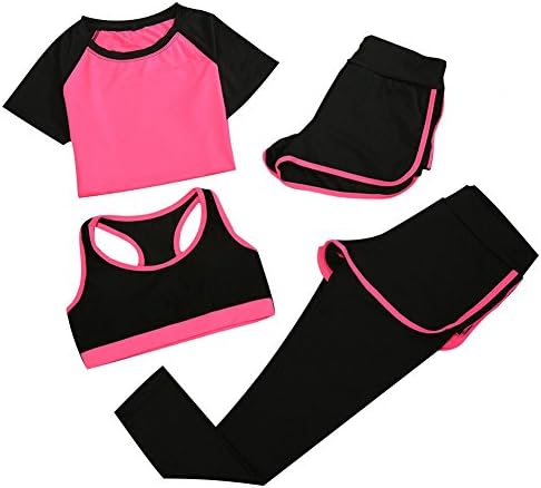 One Fitness 4 pieces sports wear, sweatsuit, yoga clothes, tracksuit, pink close-fitting for women, each suit contains a T-shirt, a sports bra, a pair of long pants and short pants (large)