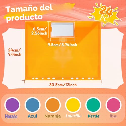 MOWETOO 24 Pieces A4 Document Bags, A4 Document Folder for Filing, 11 Hole Document Pockets, Zipper and Label Pocket, Document Organizer Folders (6
