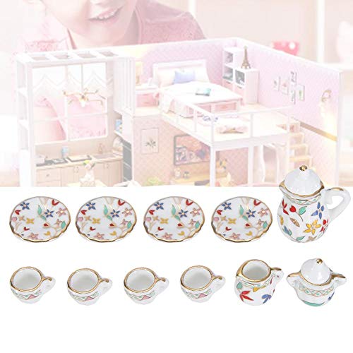 1:12 Puppenhaus Zubehör, 15 stücke Mini Porzellan Blume Teetasse Set Puppenhaus Dekor Küche Miniatur Simulation Möbel Set Modell für Jungen Mädchen Puppenhäuser(Krawatte 3) – Bild 5