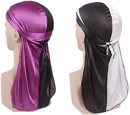 YAKEFJ Two Tone Silky Durag Headwraps with Extra Long Tail and Wide Straps for 360 Waves Long Straps
