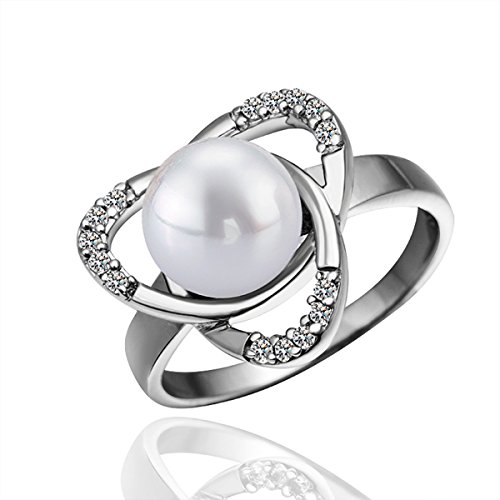 Fashion 925 Sterling Silver Swarovski Crystal Pearl Wedding Ring Size 7,8 LR004 (Silver, US 8)