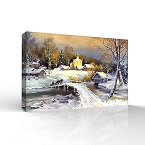 Canvas Wall Art - Winter Forest Snow Village Oil Painting - Modern Home Art Stretched and Framed Ready to Hang - 12x18 inches