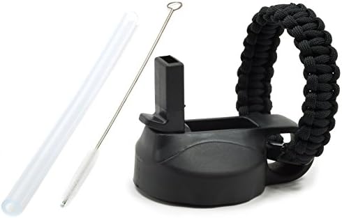 24oz/64oz Black wide mouth straw lid w/ paracord loop handle + silicone straw + straw brush for Takeya 24oz/64oz or Hydro Flask 64oz 1st generation/original growler (Black w/ paracord, 24oz/64oz)