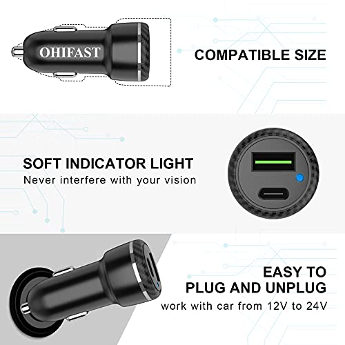 OHIFAST 20W USB C Car Charger Compatible for iPhone 14 Pro Max/Mini/13/12/11/XS/X/XR/8/Plus/SE/iPad/Air 3 Type C Automobile Charger Adapter, PD&QC3.0 Dual Fast Charging Port for Car with 3FT Cable