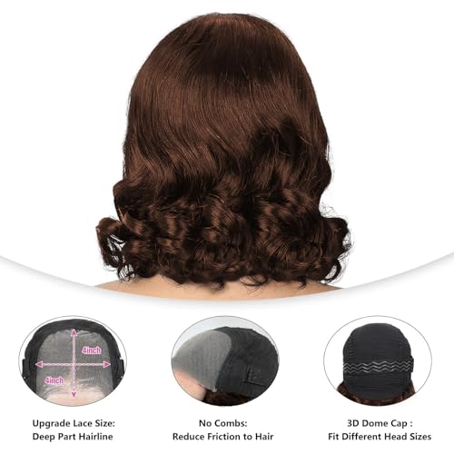 Glueless Wig Human Hair Bob Wigs for Women Human Hair Wear and Go Glueless Wig 4x4 Pre Cut Body Wave Lace Front Wigs Natural Hairline 180% Density Chocolate Brown Color 12 inch (30cm)