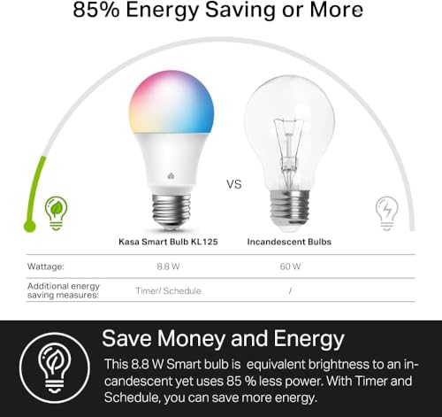 Kasa Smart Light Bulbs, Full Color Changing Dimmable Smart WiFi Bulbs Compatible with Alexa and Google Home, A19, 9W 800 Lumens,2.4Ghz only, No Hub Required, 4 Count (Pack of 1), Multicolor (KL125P4)