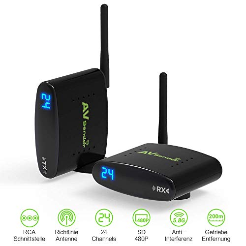 Wireless Audio Transmitter & Receiver,PAKITE 5.8GHz 24 Channels TV Transmitter and Receiver,Support 480P 200M Transmission Wireless RCA Video & Audio Sender for Satellite DVD to TV Home Use