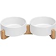 SPUNKYJUNKY Ceramic Dog and Cat Bowl with Wood Stand Non-Slip Matte Glaze Weighted Food Water Set for Cats &Small Dogs 13.5 OZ