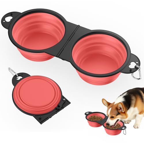 Gamelles pour Chiens 2-en-1 Pliables, Gamelles pour Chiot Nourriture et Eau, Gamelless en Silicone Rabattables à 180° avec Crochet Métallique, Bols Distributeurs pour Animaux 450ml, Rose Clair
