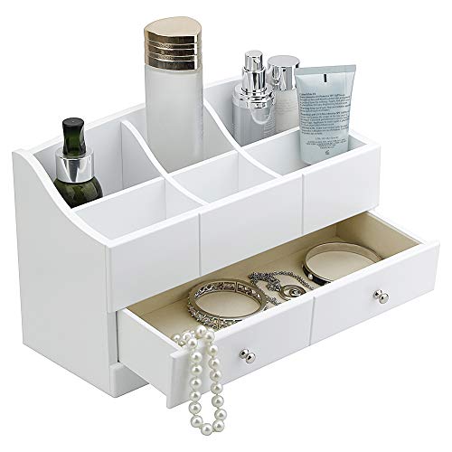RR ROUND RICH DESIGN Solid Wood Makeup Jewelry Box Organizer with Drawer White