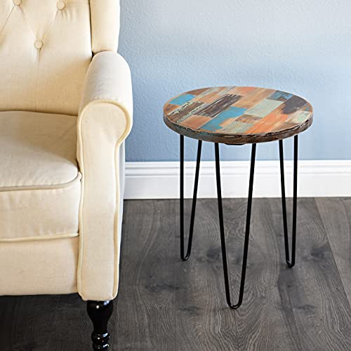WELLAND Side Table Reclaimed Wood, Round Hairpin Leg End Table, Night