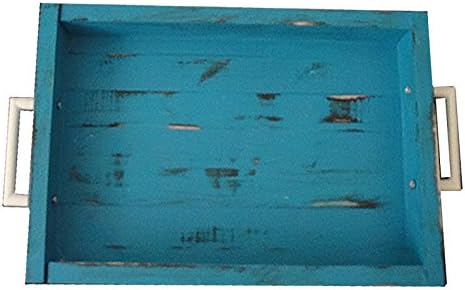 IGC Display/Serving Tray - 18" x 12" - Turquoise/White Handle - Decorative Distressed Vintage Wooden Rustic Ottoman Cottage Tray Serving Tray