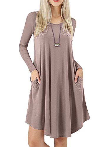 peassa Women Casual Long Sleeve Pockets T Shirt Tunic Knee Length Dress Khaki S