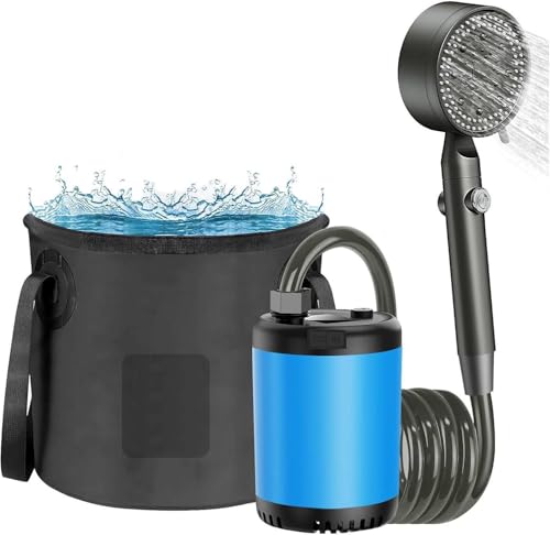 Portable Camping Outdoor Shower, 10000mAH Rechargeable Electric Pump 5 gal Collapsible Bucket Intelligent Digital Display 5 Shower Modes IPX8 Waterproof for Hiking, Travel, Pet Bath, Beach, RV