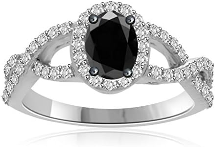 14k White Gold Over 1.00 Ct Oval Shape Black Diamond and CZ Simulated Diamond Classic Halo Style Engagement Ring Alloy