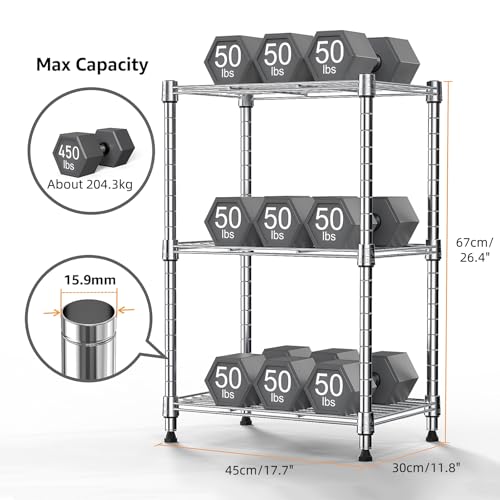 M MZG Metal Shelving Unit with 3 Levels, Load Capacity 204 kg, Adjustable Shelves for Kitchen, Bathroom, Pantry and Office, Study, Chrome, 30 x 45 x 67 cm