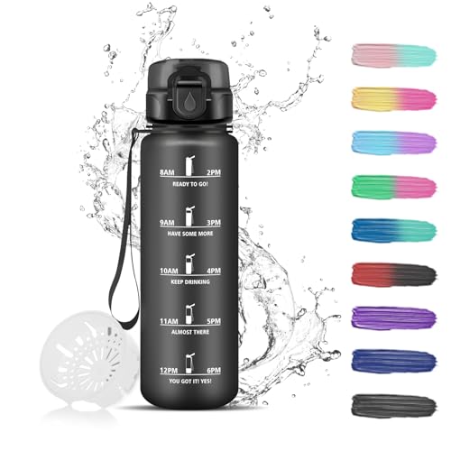 Grsta 500 ml Childrens Water Bottle, Leak-Proof, Wide Mouth, Carrying Loop, Perfect for Sports, School, Outdoor Activities, Black Plastic Bottle