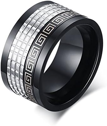 12mm Stainless Steel Exaggerated Style High Polished Spinner Two Tone Black Silver the Great Wall Ring Wedding Engagement Band Comfort Fit Sizes 9 to 12