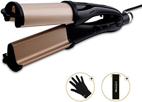 PARWIN BEAUTY Deep Waver Curling Wand 2 in 1 Professional Hair Curler with Heat Settings, Anti-scalding Insulated Tip & Heat Resistant Glove For Big Wavy Hair Styles, Golden