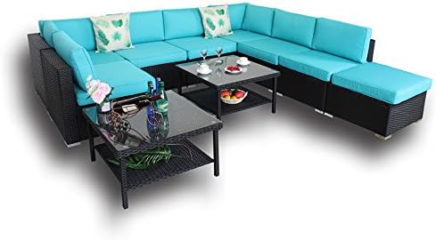 Outdoor Rattan Sofa Black PE Wicker Couch Set 10pcs Big Garden Patio Furniture Cushioned Sectional Conversation Sets-Easy Assembled(Turquoise Cushions,10 Piece)