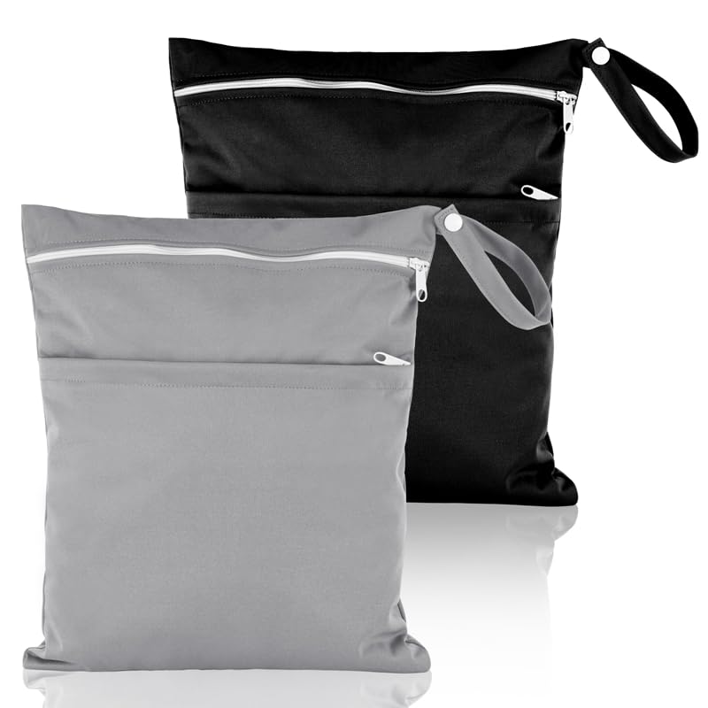 Heyu-Lotus 2 Packs Wet Bag, Waterproof Wet Dry Bags Reusable Washable Cloth Diaper Bags Nappy Bags with Double Zipper Pockets for Baby Items Wet Clothes Swimming Gym Pool Beach Bag(Black+Grey) — image 1