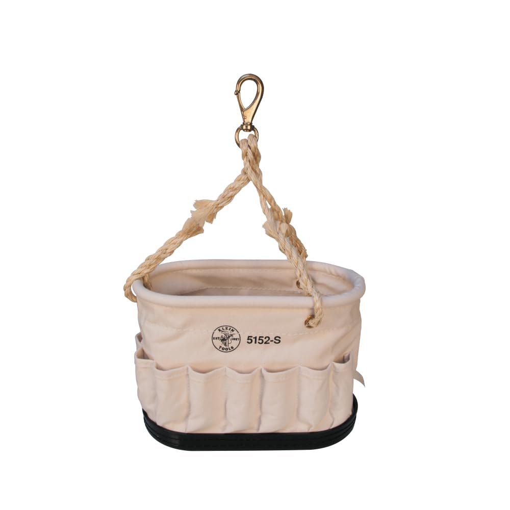 KLEIN TOOLS 5152S Canvas Bucket, Oval Tool Bucket Organizer with Sisal-Rope Hanging Handle, 26 Interior Pockets and 15 Exterior Pockets