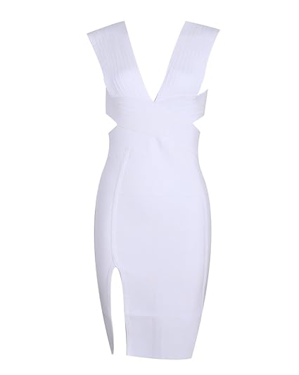 Whoinshop Damen Tiefer V-Ausschnitt Bodycon Kleid Ausgeschnitten Rückenfrei Bandage Club Kleid mit Seitenschlitz
