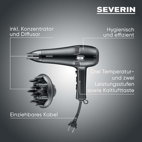Haartrockner mit Kabeleinzug, leistungsstarker Föhn mit Kaltlufttaste, inkl. Diffusor und Düse, 3 Heiz- & 2 Leistungsstufen, 1,8m Kabel, 2.100 Watt, schwarz, HT 0165