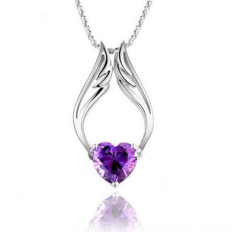 Fashion White Rhodium Plated Heart Purple Synthetic Stone Angel Wings Pendant with Free 18