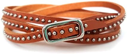 Tiny Stud Leather Wrap Bracelet - Silver/Camel