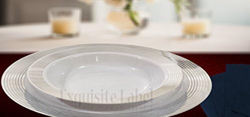 "Exquisite Label" White with Silver Heavyweight Plastic Elegant Disposable Plates, Wedding Party Elegant Dinnerware, Striped Collection (40, 12oz. Soup Bowls)