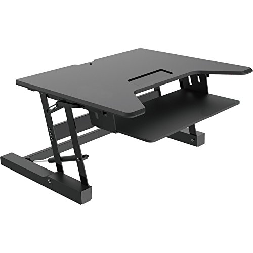 Premium Tabletop Adjustible Height 36 Inch Wide Sit Stand Riser Desk
with Dedicated Keyboard Tray in Black, 88 Pound Weight Capacity